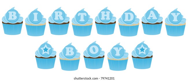 Set of blue cupcakes spelling out "Birthday Boyl"