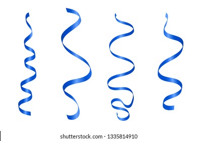 Set Blue Curly Ribbons Isolated On White Background. Vector Illustration