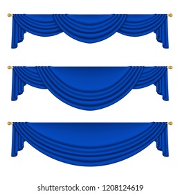 Set of blue curtains to theater stage. Mesh. Isolated
