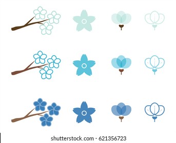 Set Blue Cyan Logo Flowers sakura isolated on white background. Cherry blossom icon set. Vector EPS 10, cmyk.