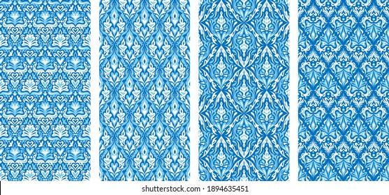Set of blue damask seamless patterns. Vintage floral seamless backgrounds for greeting cards, wedding invitations, textile, wallpaper, wrapping paper