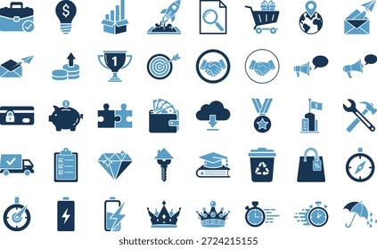 Un conjunto de iconos de negocios y tecnología azul y azul oscuro sobre un fondo blanco, que incluyen símbolos para finanzas, comunicación y productividad, dispuestos en filas para facilitar su uso en proyectos digitales