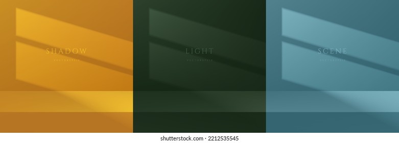 Set of blue, dark green, yellow 3D background with window lighting and shadow overlay. Cube pedestal podium, Desk, table in studio rooms. Vector abstract minimal wall scene for mockup products display