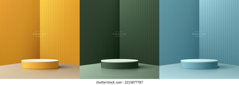 Set aus blauem, dunkelgrünem, gelbem 3D-Hintergrund mit Zylinderplakat in Eckzimmern. Fensterbeleuchtung und Schattenüberlagerung. Abstrakte Vektorgrafik-Minimal-Szene-Mock-up-Produkte Display, Stage Showcase.