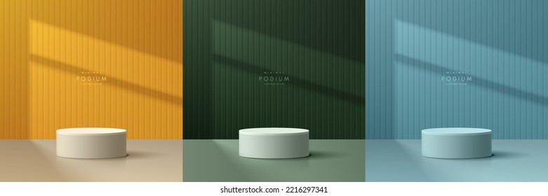 Conjunto de fondo azul, verde oscuro, amarillo 3D con podio de pedestal de cilindro blanco, iluminación de ventana y cubierta de sombra. Pantalla de productos de simulación de escenas de pared mínima abstracta vectora, escaparate de escena redonda.