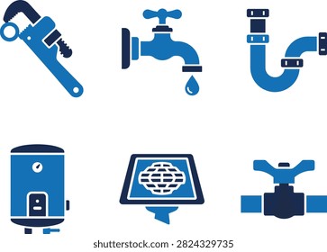 A set of blue and dark blue plumbing icons featuring a pipe wrench, water faucet, pipe system, water heater, floor drain, and a shut-off valve on a white background.