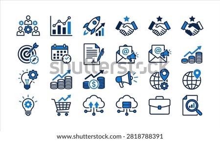 Set of blue and dark vector icons representing business management, global strategy, financial growth, and digital technology solutions for professional projects.