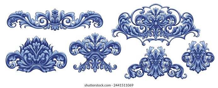 Set of blue decorative elements in Baroque style