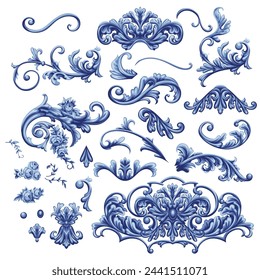 Set of blue decorative elements in Baroque style