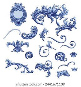 Set of blue decorative elements in Baroque style