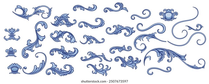 Set of blue decorative elements in Baroque style