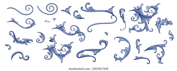 Set of blue decorative elements in Baroque style