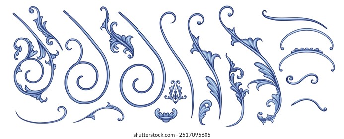 Set of blue decorative elements in Baroque style