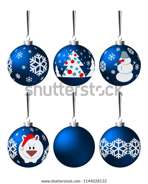 Set Blue Decorative Ornamented Christmas Balls Royalty Free