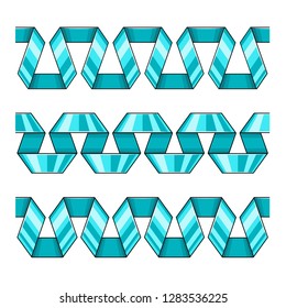 Set of blue decorative ribbons borders, seamless flat. Elements for design. Isolated white background. EPS10 vector illustration.