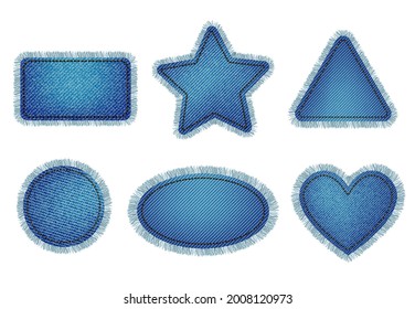 Set of blue denim patches with stitch and fringe. Light blue denim. Patches of different shapes: rectangle, circle, square, triangle, heart, oval. Vector illustration EPS10