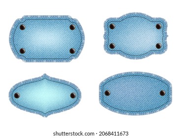 Set of blue denim patches with stitch, rivets and fringe. Light blue denim. Vintage patches.