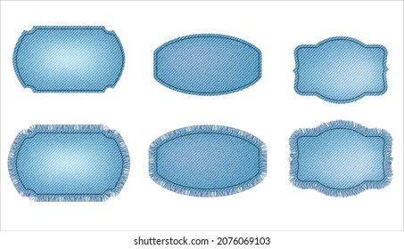 Set of blue denim patches with stitch and fringe. Light blue denim. Patches of different shapes