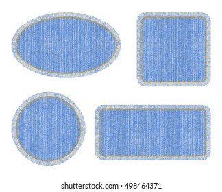 Set of blue denim patches with stitch. Different shapes with place for your text isolated on white background