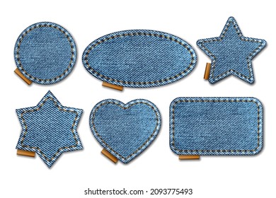 Set of blue denim patches with stitches. Light blue denim. Patches of different shapes as rectangle, circle, star, heart, oval. Vector realistic illustration on white background.