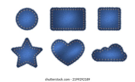 Conjunto de parches de denim azul con puntos. Pegatinas de diferentes formas como corazón, estrella, nube, círculo y rectangular sobre fondo blanco. Ilustración vectorial realista