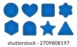 Set of blue denim texture patch shapes like heart, star, circle, triangle, arch, scalloped badge with dashed line stitching