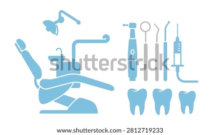 Set of blue dental instruments and a dentist chair illustration for clinical equipment and oral health care concepts.