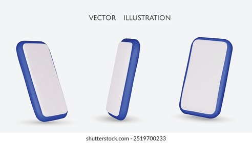 Set of blue different angles of smartphone in 3d render with screen, isolated white background, vector illustration