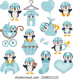 Set of blue digital elements of cute baby boy penguin
