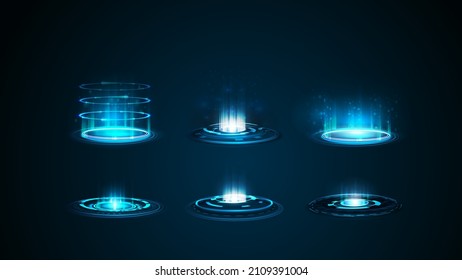 Set of blue digital hologram portals in cylindrical shape with shiny swirl rings on dark background for your arts