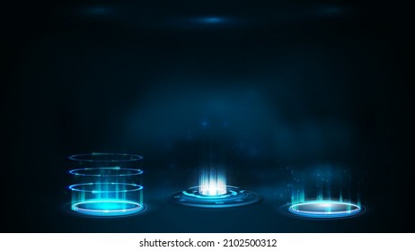 Set of blue digital teleports in cylindrical shape with shiny swirl rings on dark background for your arts