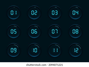 Conjunto de temporizadores digitales azules en un fondo negro. 
