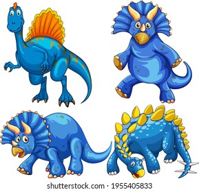 Set of blue dinosaur cartoon character illustration