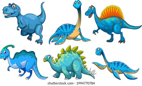 Set of blue dinosaur cartoon character illustration