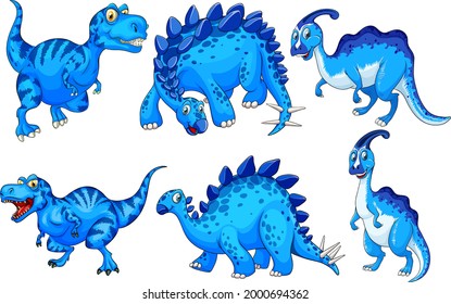 Set of blue dinosaur cartoon character illustration