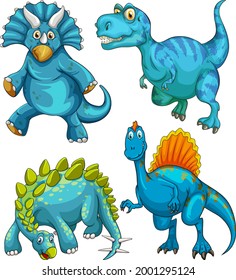 Set of blue dinosaur cartoon character illustration