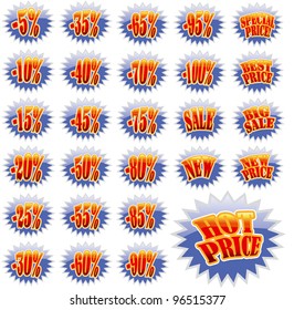 Set of Blue discount label stars with red text