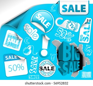 Set of blue discount tickets, labels, stamps, stickers, corners and tags