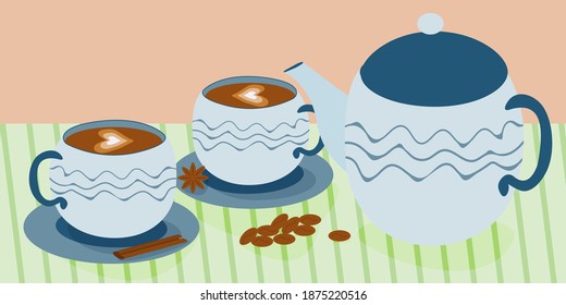 A set of blue dishes on the table. Teapot and coffee cups