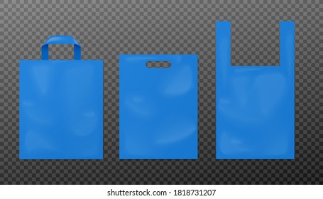 Set of blue disposable plastic shopping bags. Realistic vector isolated illustrations household plastic bags with various handles. Blank mockup with space for advertising