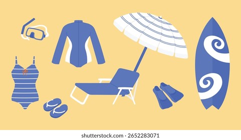 conjunto de mergulho azul google, wetsuit, maiô de uma peça, sandália, espreguiçadeira de piscina, guarda-chuva de praia, nadadeiras, prancha de surfe com ilustração gráfica de onda espiral 