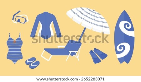 set of blue diving google, wetsuit, one piece swimsuit, sandal, pool lounger, beach umbrella, swimming flippers, surfboard with spiral wave graphic illustration 
