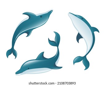 Set of blue dolphin cartoon sea animal design flat vector illustration isolated on white background