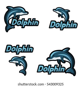 Set Blue Dolphin jumps logo. Emblem for a sport team. Vector illustration isolated on white.