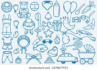 Conjunto de elementos de doodle azul nuevo niño nacido dibujando sobre fondo blanco.