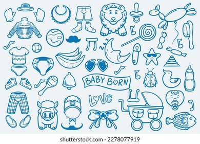 Set of blue doodle element new baby born drawing on white background.