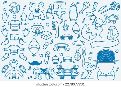 Set of blue doodle element new baby born drawing on white background.