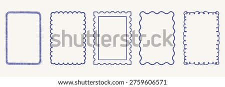 Set of blue doodle frames on white background. Collection of rectangular borders with scalloped, wavy and double-line edges for labels, cards, invitations, posters and stationery.