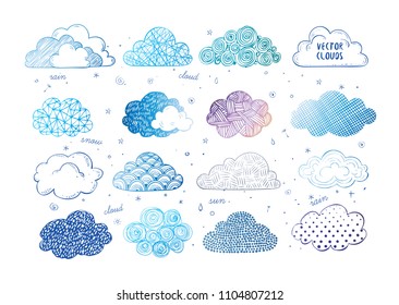 Set of blue doodle sketch clouds on white background.