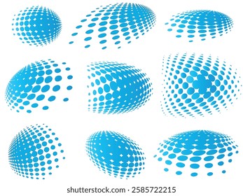 A set of blue dots with varying sizes and shapes. The dots are arranged in a grid, with some overlapping and others not. The overall effect is a sense of movement and energy